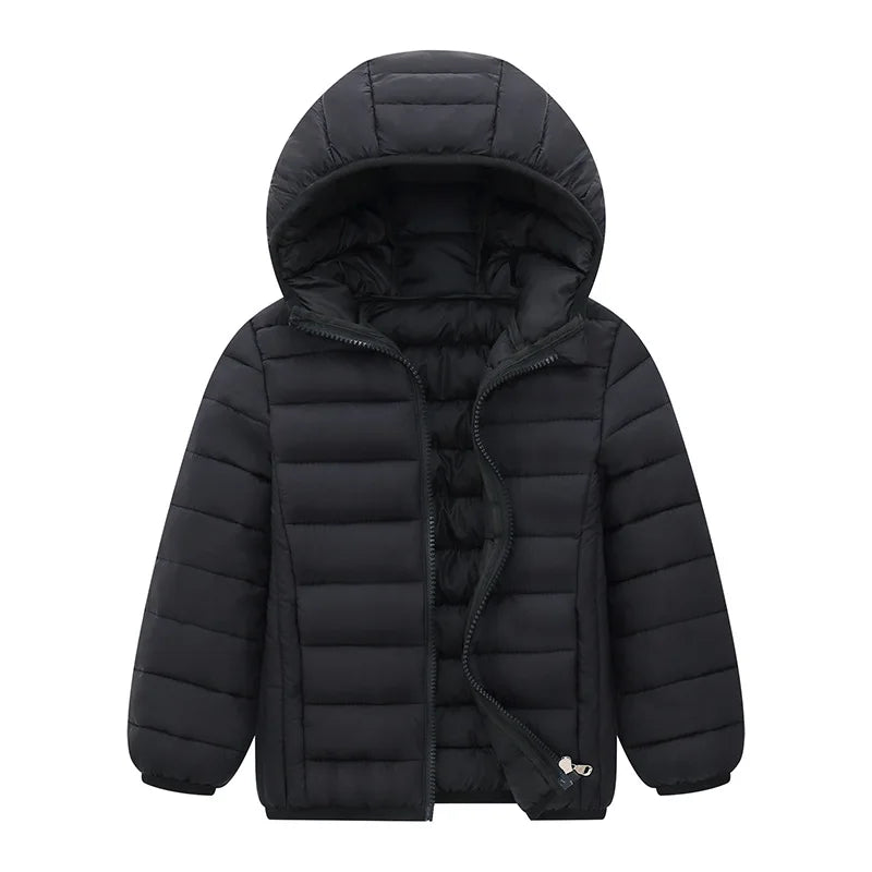 Kids Hooded Down Coat – Solid Warm Zipper Outerwear Ages 3–14