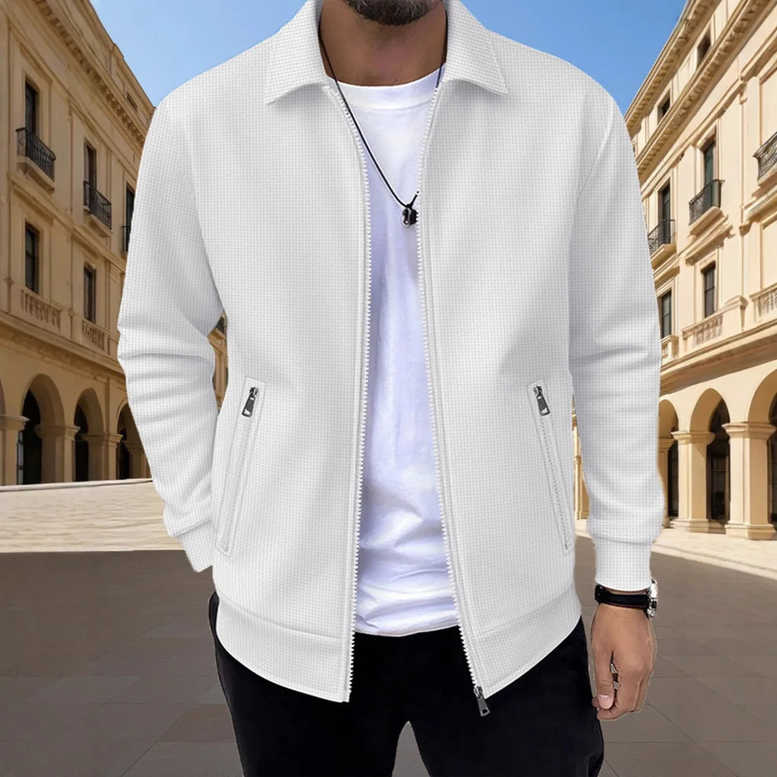 Men's Slim Waffle Texture Zipper Cardigan – Casual Spring Autumn Fashion Top