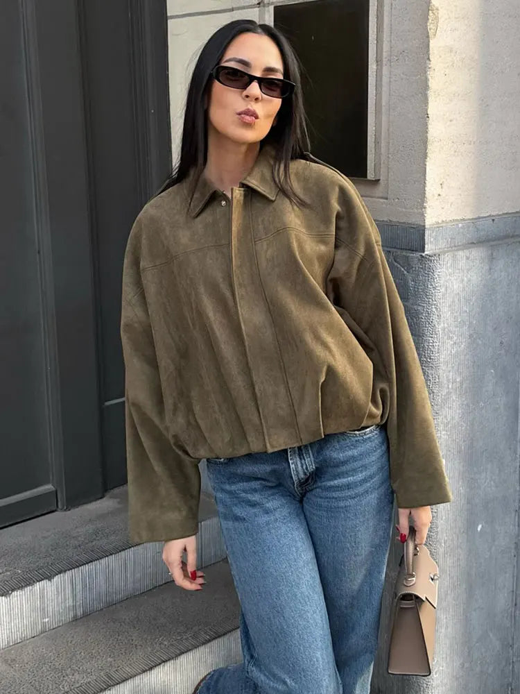 Women's Suede Bomber Motorcycle Jacket – Loose Casual Lapel Zipper Vintage Coat