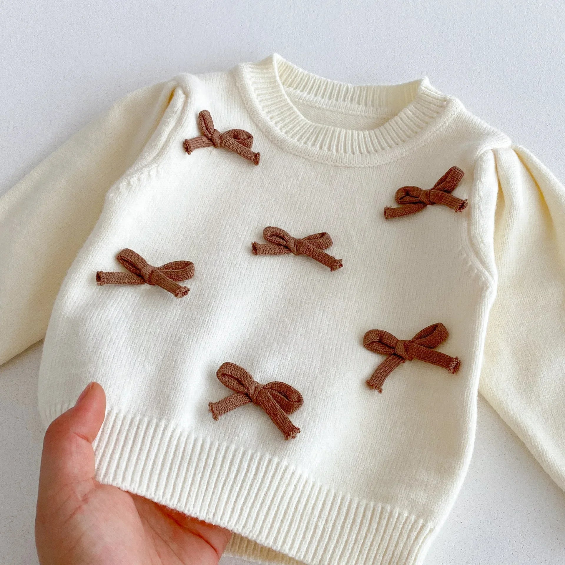 Baby Girl 3-Piece Knitted Outfit Set  Autumn Cute Bowknot Cream Sweater + Brown Ruffle Flared Pants + Mini Bag Girls Clothing