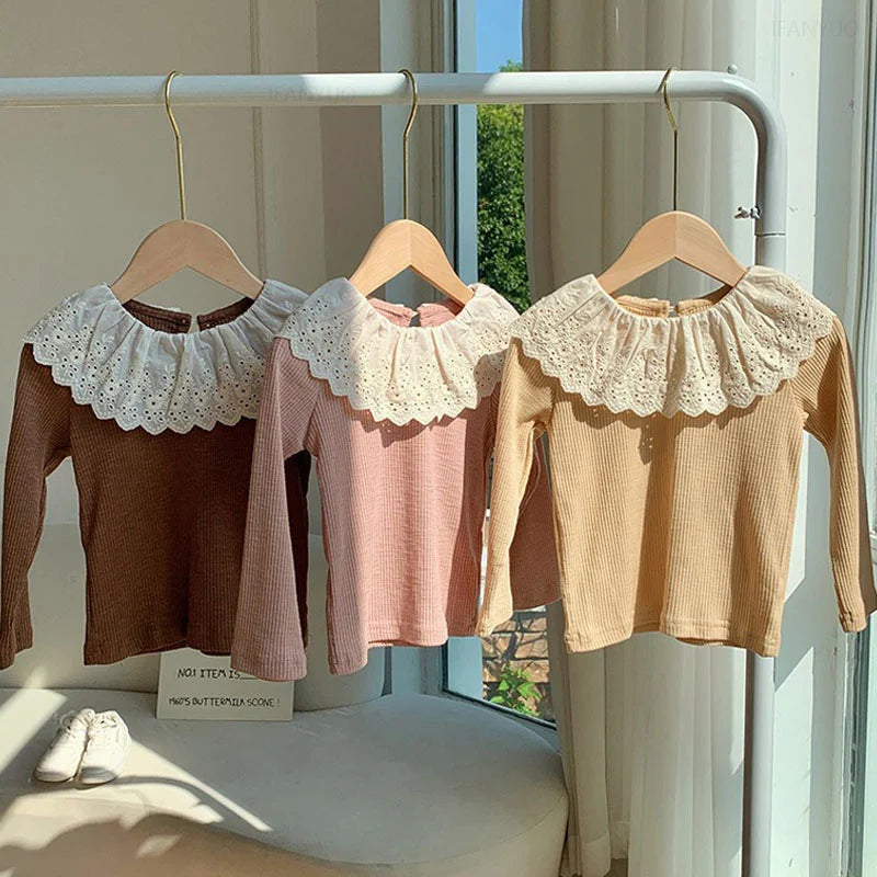 Girls Ruffled Knitwear Long Sleeve Top – Korean Solid Color Autumn Base Shirt