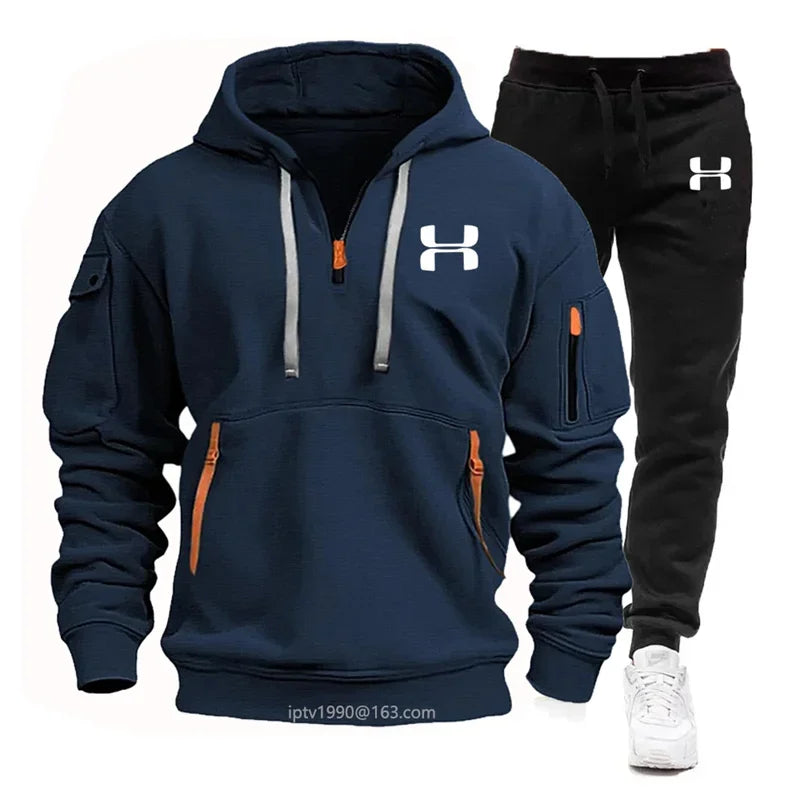 Men's Multi-Pocket Hoodie & Jogger Pants Set – 2-Piece Fitness Tracksuit