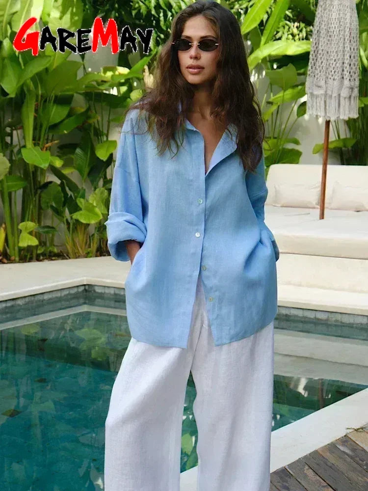 White Women's Linen Shirt Long Sleeve Elegant Pink Oversize Blouse Vintage Spring Basic Top Collar Cotton Linen Shirt for Women