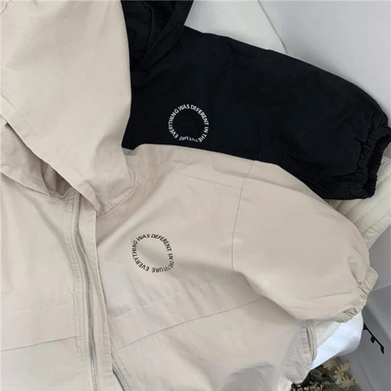 Boys Hooded Letter Windbreaker Jacket – Fashion Long Sleeve Zipper Coat Ages 2–7