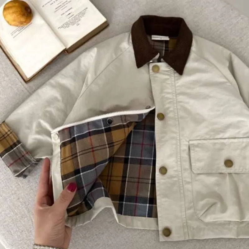 Boys Plaid Spliced Pocket Long Sleeve Jacket – Toddler Outerwear Coat