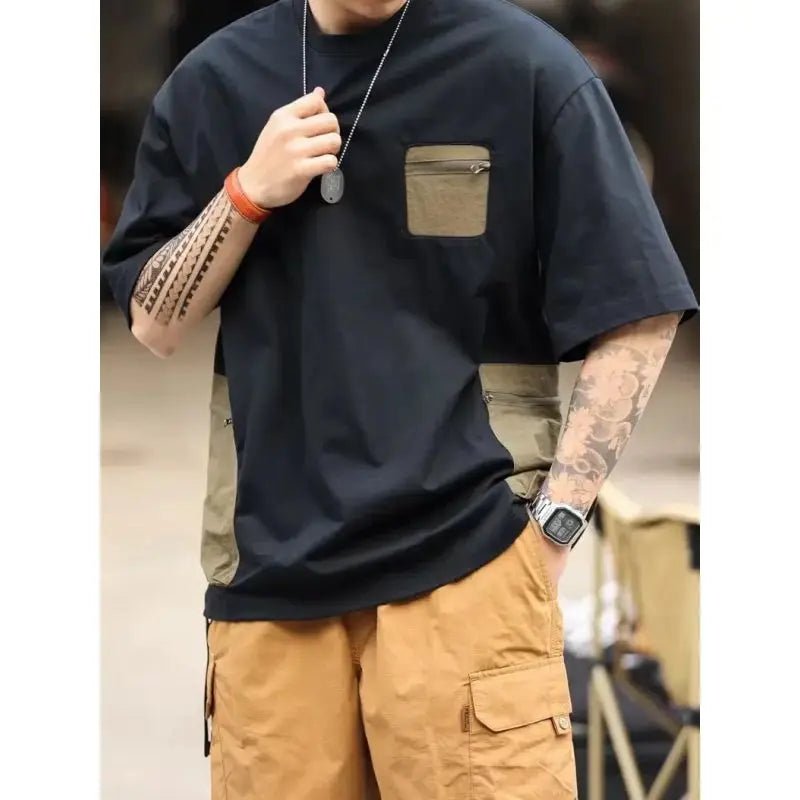 Pockets Contrast Zipper Patchwork Plus Size Casual Tops Men's Summer New Short Sleeve Loose Vintage T Shirts Fashion Men Clothes