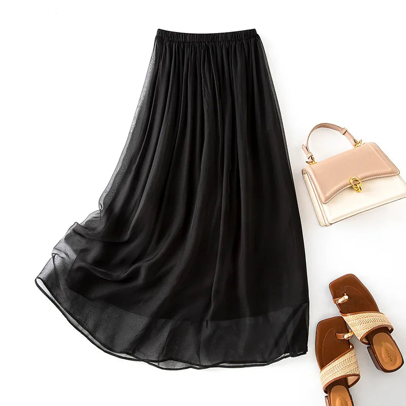 Women's 100% Real Silk Midi Skirt – Elegant French Temperament Fairy Commute Skirt