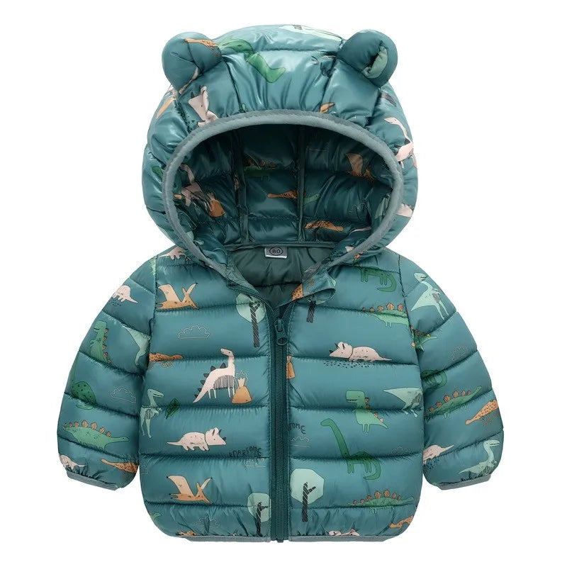 Kids Cartoon Dinosaur Hooded Warm Jacket – Lightweight Winter Outerwear Ages 0–5