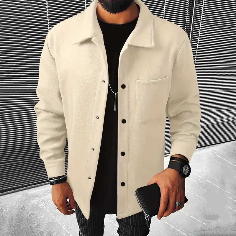Men's Polyester Brushed Lapel Zipper Jacket – Business Casual Office Coat