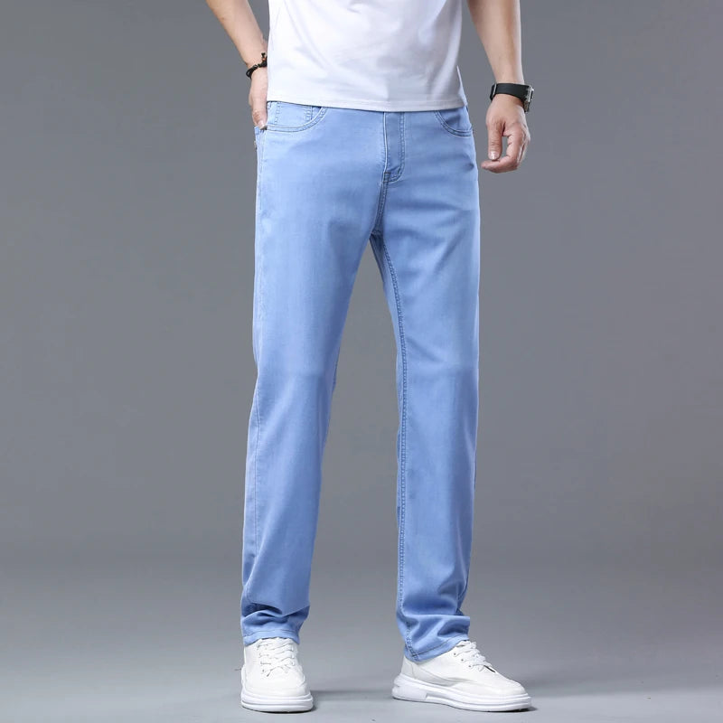 2025 Summer New Men's Sky Blue Slim Stretch Jeans Lyocell Thin Style Fashion Casual Ice silk Denim Pants Male Brand Trousers
