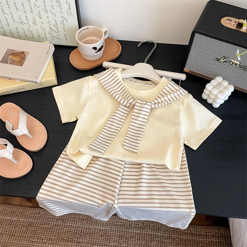Girls Striped Shawl T-Shirt & Pants Set – Casual 2-Piece Summer Outfit Ages 1–12
