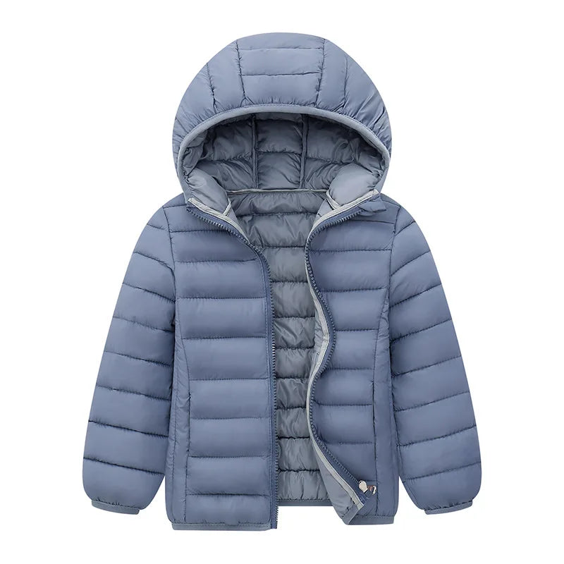 Kids Hooded Down Coat – Solid Warm Zipper Outerwear Ages 3–14