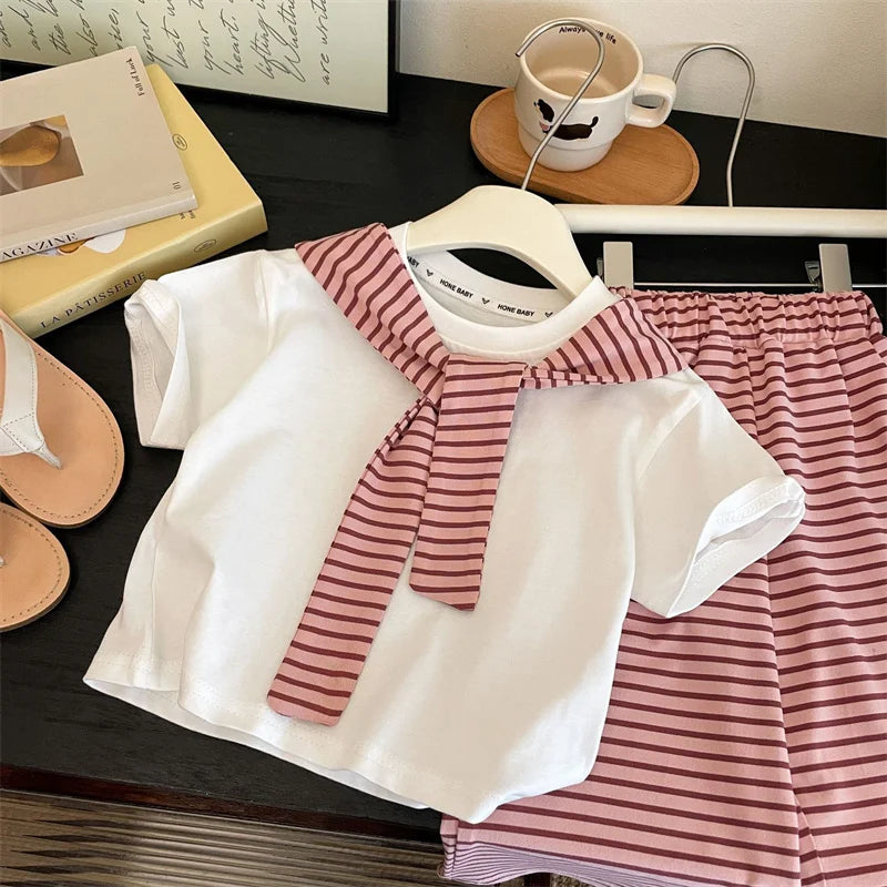 Girls Striped Shawl T-Shirt & Pants Set – Casual 2-Piece Summer Outfit Ages 1–12