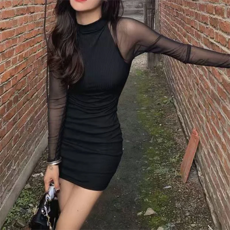 Mesh Patchwork Half High Neck Women Dresses Black Fashion See Through Long Sleeve Skinny Clubwear Female Mini Dress Bodycon