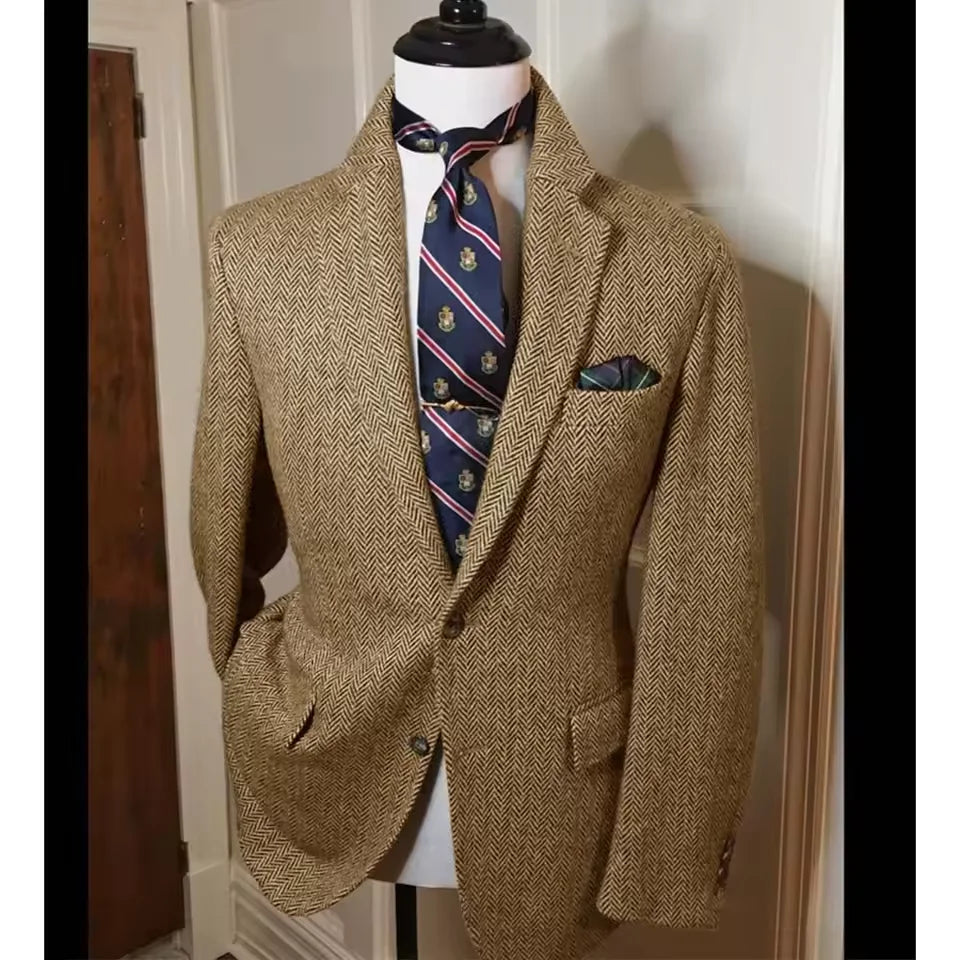 Men's Herringbone Tweed Blazer – Vintage British Slim Fit Wool Blend Suit Jacket