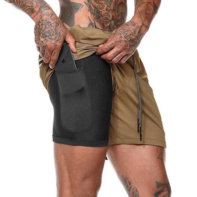 Men's Fitness Built-in pocket casual sports Shorts Summer 2 In 1 Quick Dry Breathable Double-deck men Shorts mesh sweatpants