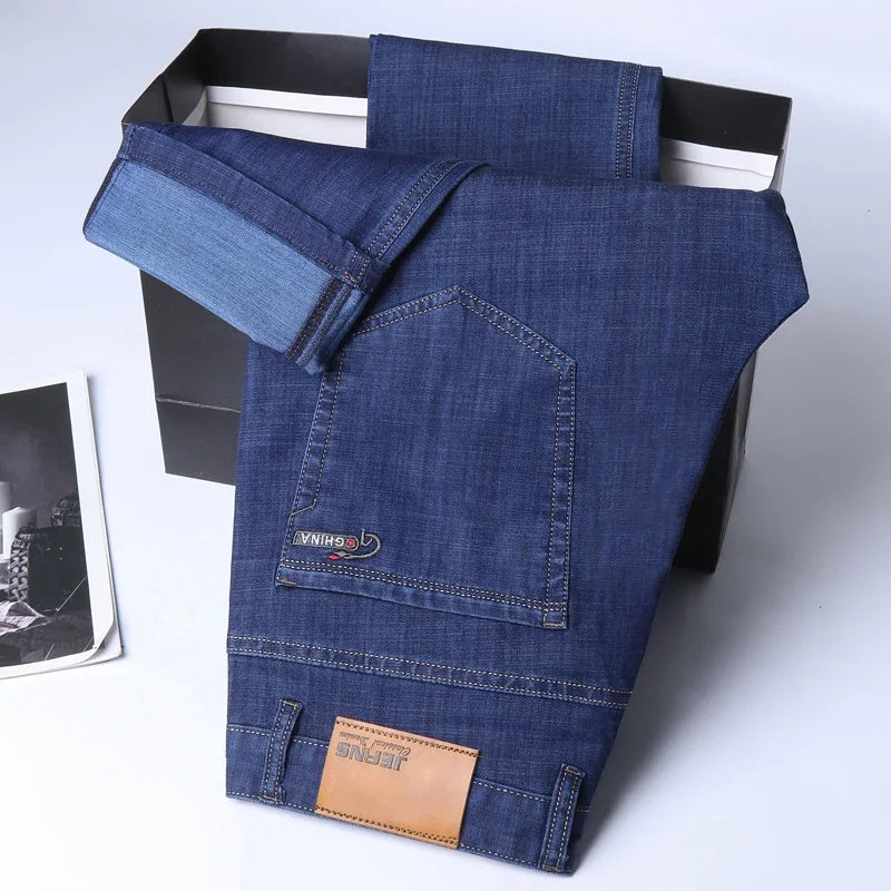 Men's Ice Silk Thin Straight Denim Jeans – Lightweight Business Casual Trousers