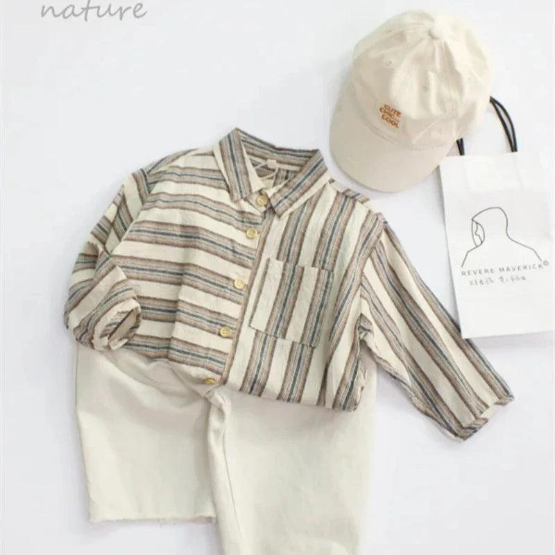 Boys Retro Striped Cotton Linen Long Sleeve Shirt – Korean Literary Button Top