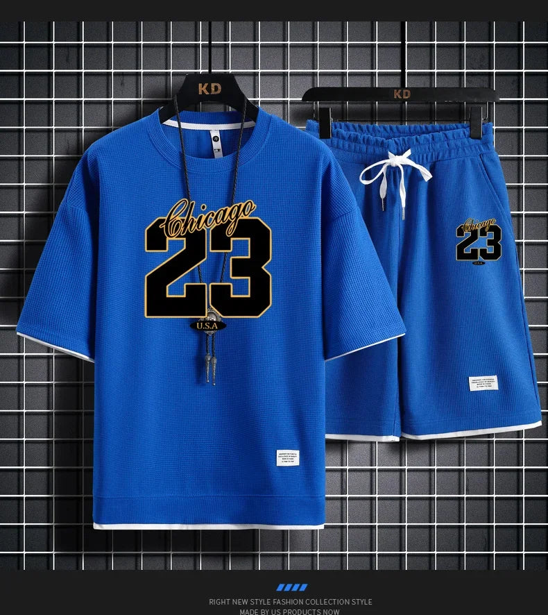 High Quality Men's Korea Comfortable and Summer  Fashion Print Sports Suit Fitness Jogging Daily Casual Wear Beach Shorts Set