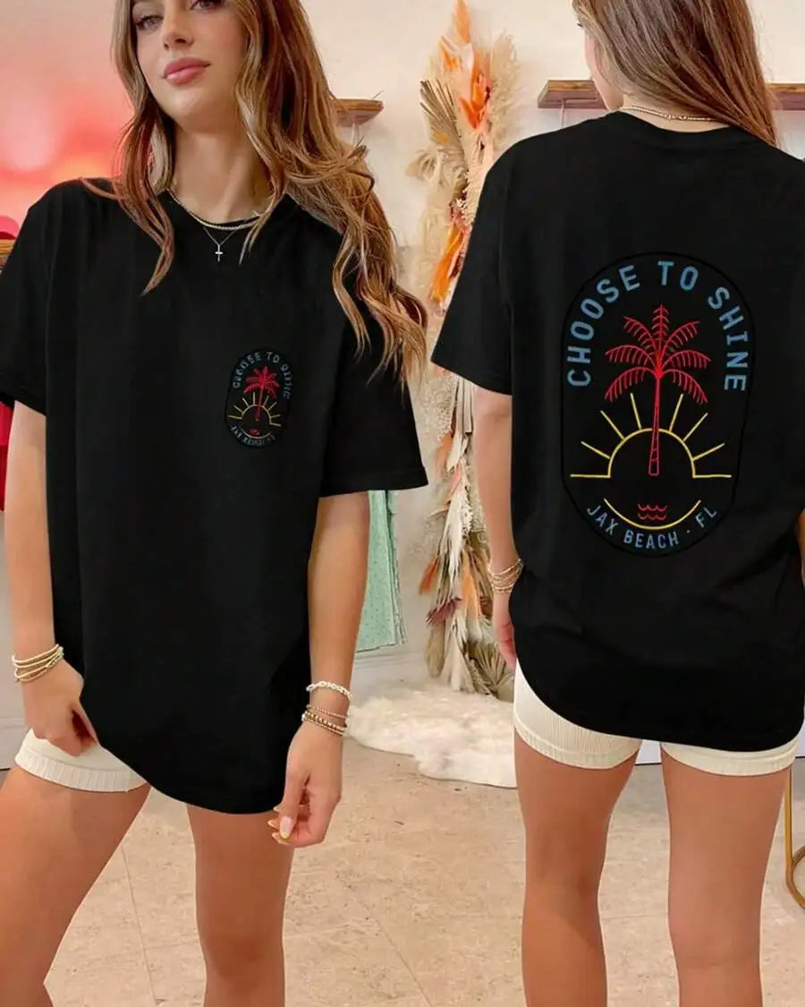 Women's Y2K Coconut Tree Graphic Oversized T-Shirt – Short Sleeve Round Neck Loose Tee
