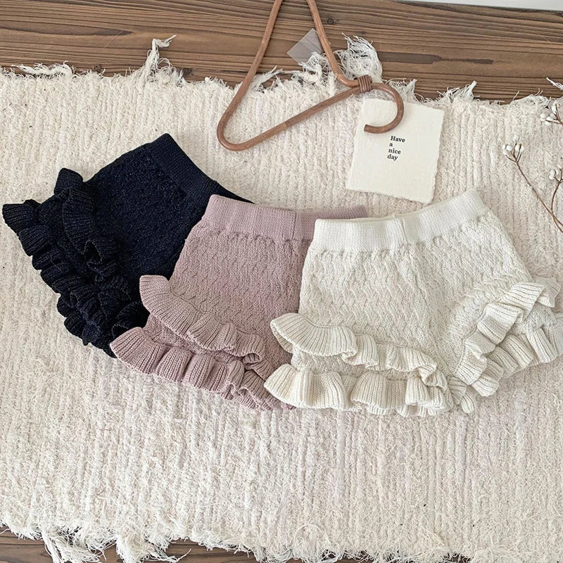 2024 New Autumn 0-4Yrs Baby Girls Knitted Shorts Toddler Baby Girls Solid Color Hollow Out Knitting Shorts Children Shorts