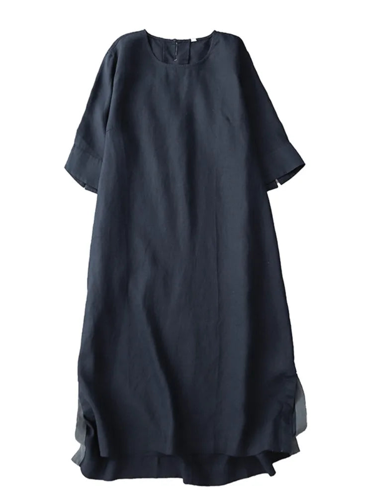 Retro Cotton Linen Mid-Sleeve Dress Summer New Style Slimming Women's A-Line Midi Skirt Casual Loose Waist Comfortable Fit