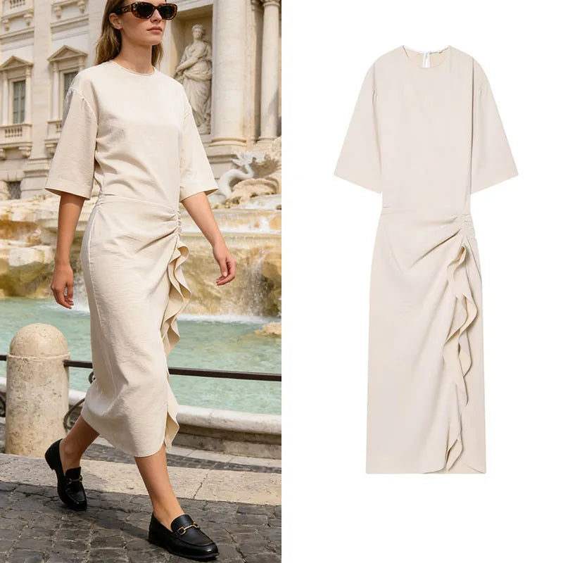 Elegant Beige Midi Dress Women Half Sleeve Round Neck Ruched Waist Ruffle Slit Formal Outfit