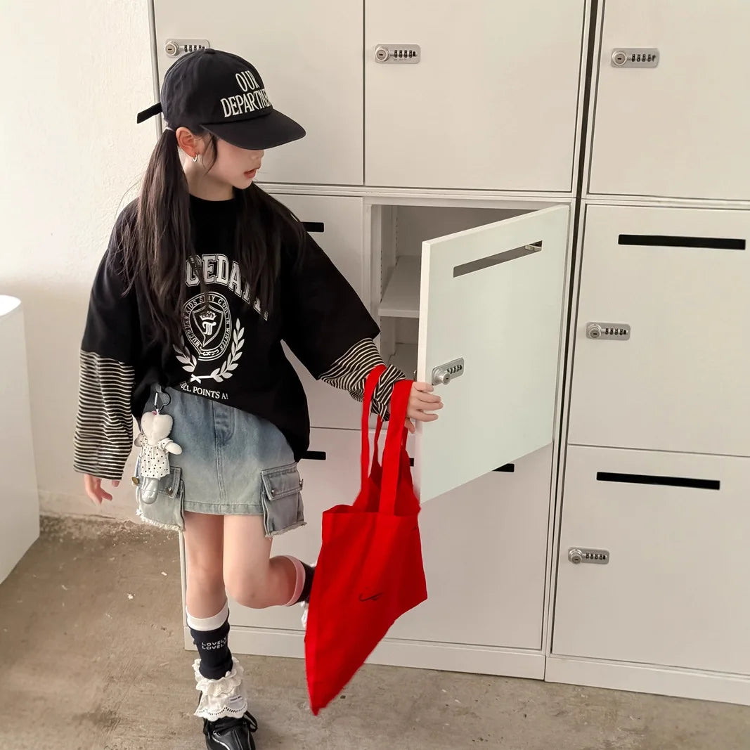 Kids Fake Two-Piece Striped Long Sleeve Top – Oversized Contrast Casual Shirt
