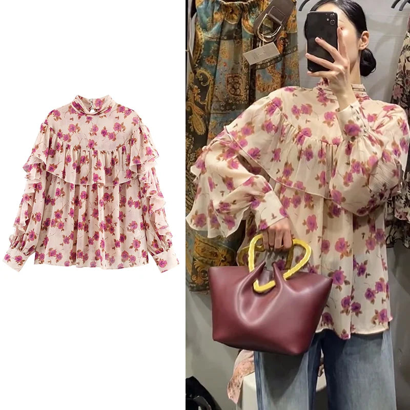 Women's Vintage Print Layered Long Sleeve Shirt – Chic Personality Casual Top