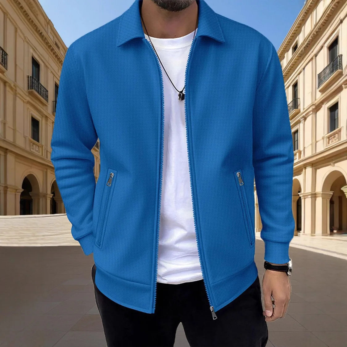 Men's Slim Waffle Texture Zipper Cardigan – Casual Spring Autumn Fashion Top
