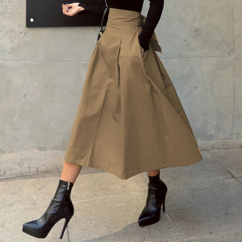Women's Korean Big Swing Bow High Waist Long Skirt – Solid Color Slim Autumn Skirt