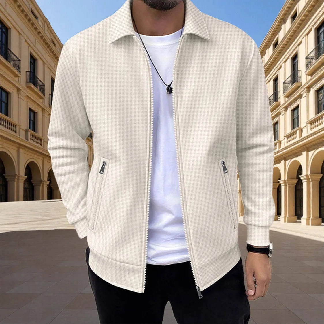 Men's Slim Waffle Texture Zipper Cardigan – Casual Spring Autumn Fashion Top
