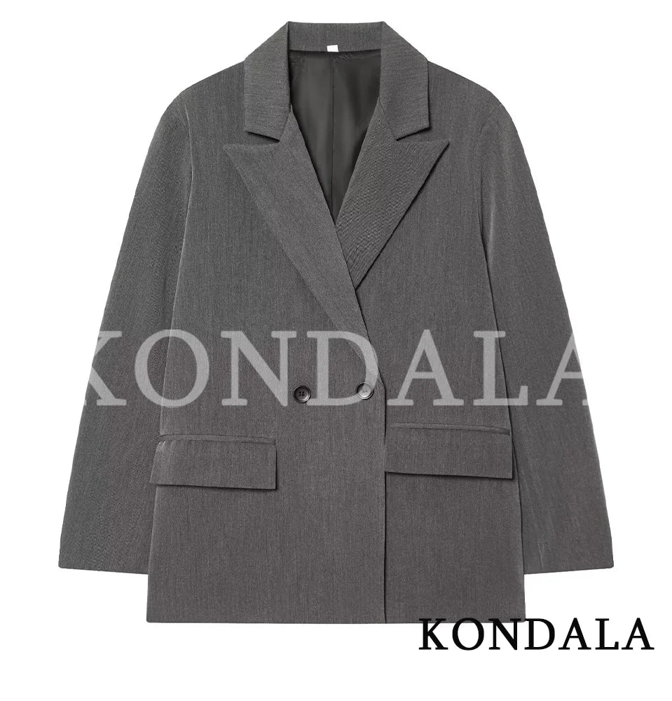 Women's Elegant Double-Breasted Blazer – Vintage Brown Button Office Lady Jacket