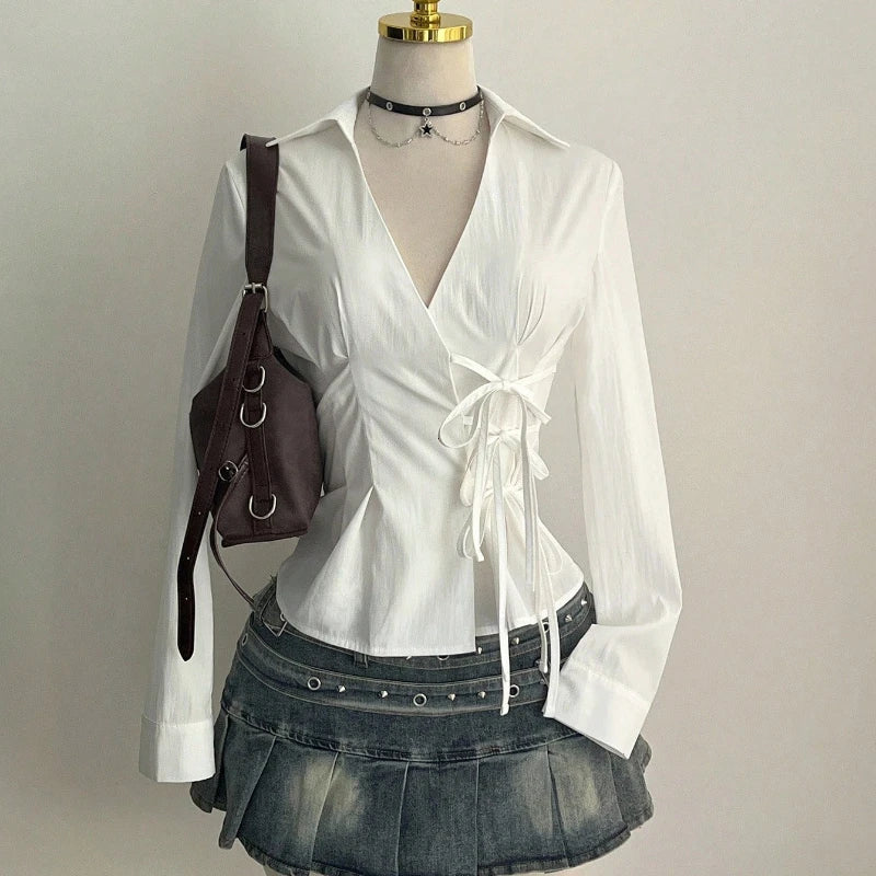 Harajuku Women's Shirt Unique Aesthetic Solid Color Slim Fit Sexy Y2K Girls Tie-Waist Gothic Street Style Casual V-Neck Tops