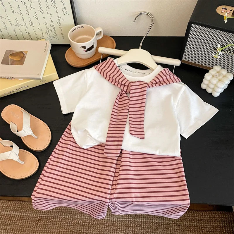 Girls Striped Shawl T-Shirt & Pants Set – Casual 2-Piece Summer Outfit Ages 1–12