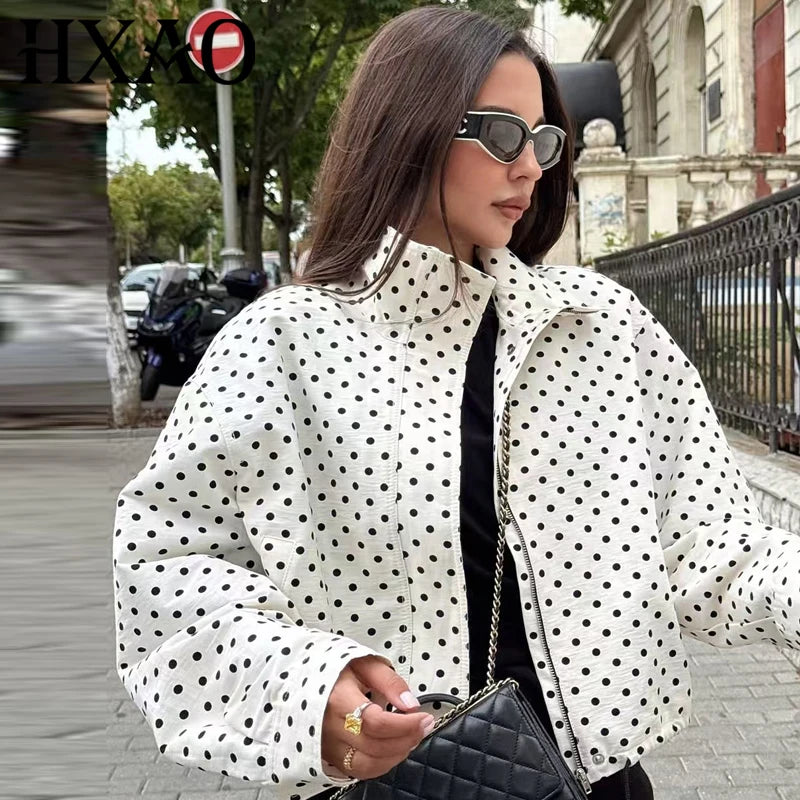 Women's Polka Dot Oversized Bomber Jacket – Long Sleeve Zip-Up Crop Aviator Coat