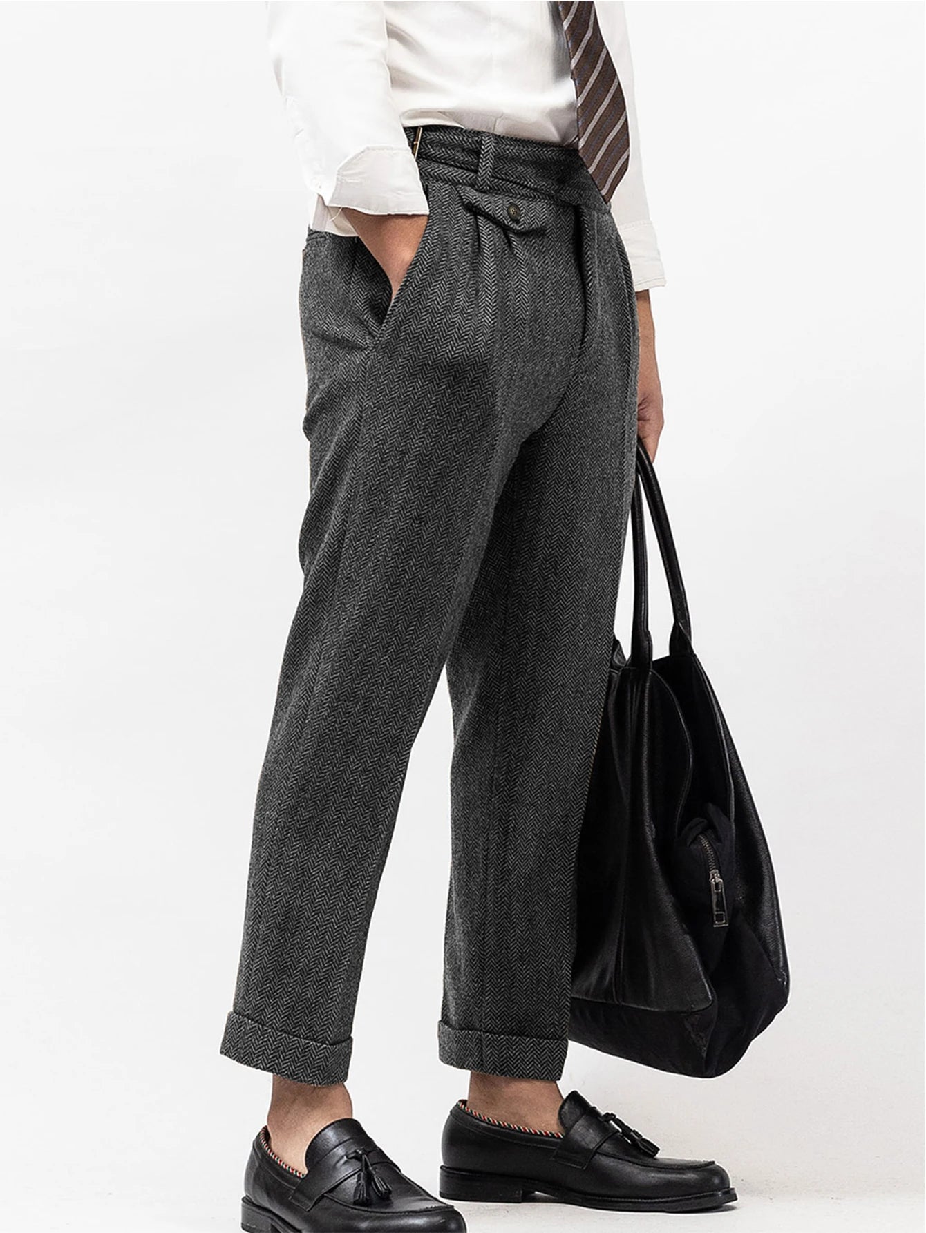 Men's Elegant Tailored Pants High Waist Trousers Autumn Winter New Style Italian Neapolitan Light Business Casual Folded Design