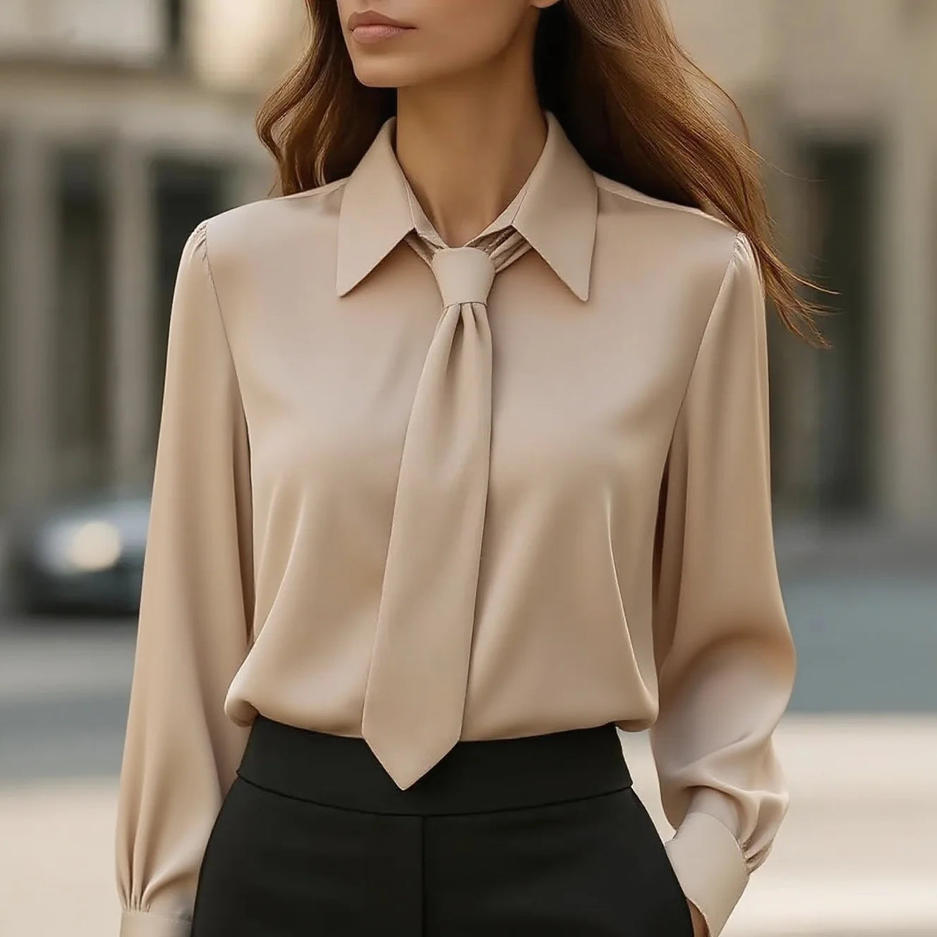 Women's Elegant Satin Work Shirt – Plain Modern Casual Long Sleeve Collar Top