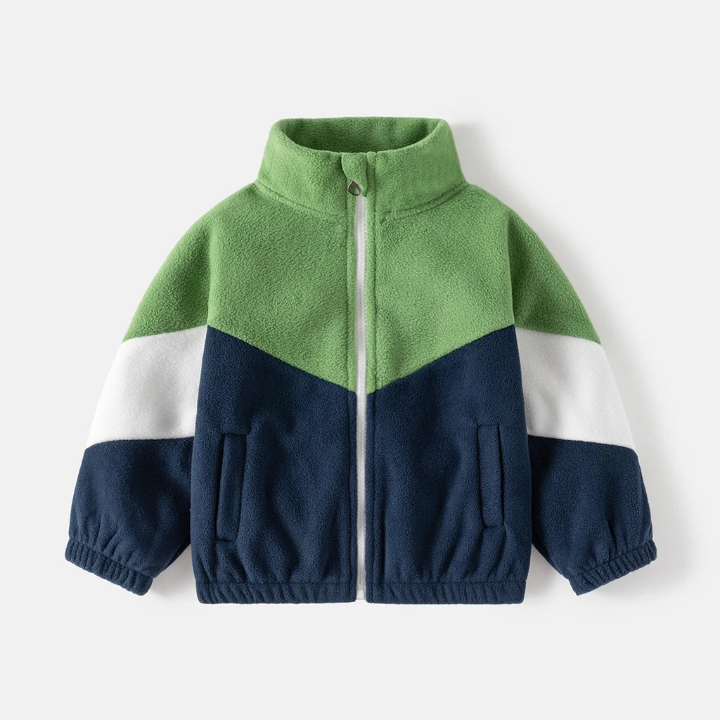 Boys Color Matching Fleece Zipper Jacket – Thickened Warm Outerwear