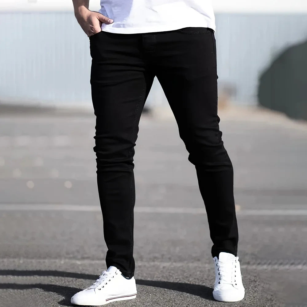 Spring Mens Black Blue Pants Pure Color Stretch Jeans Street Casual Slim Fit Trousers Male Vintage Wash Skinny Jeans for Men