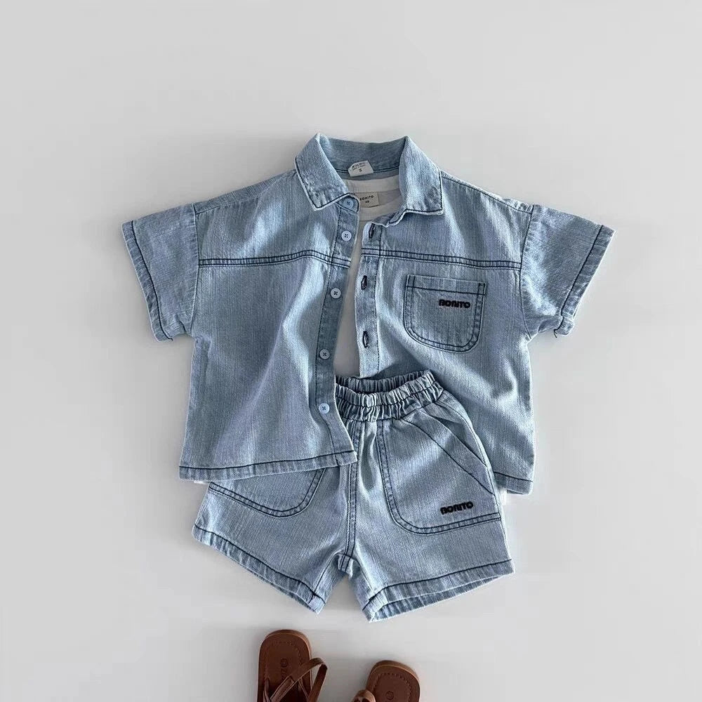 Baby Denim Shirt & Shorts Set – Korean Style Cute 2-Piece Toddler Outfit