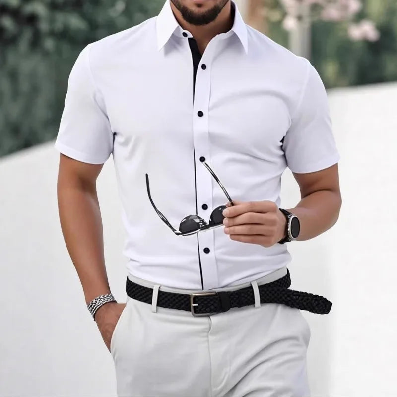 Spring Summer New Men Clothes Short Sleeve 3D Digital Print Button Shirt Men Casual Spell Color Shirt Tops