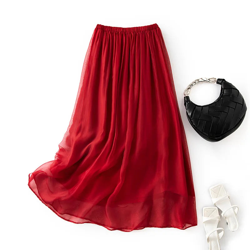 Women's 100% Real Silk Midi Skirt – Elegant French Temperament Fairy Commute Skirt