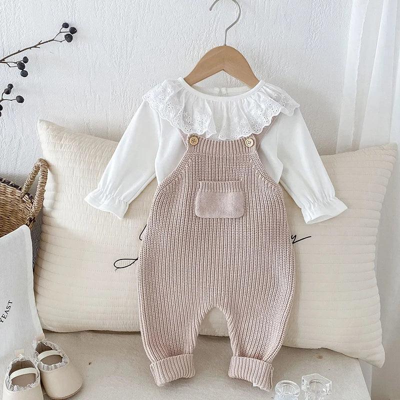 2024 New Autumn Infant Baby Girls Clothing Set Long Sleeved Cotton T-shirt+Sleeveless Knitted Jumpsuit Toddler Baby Clothes Suit