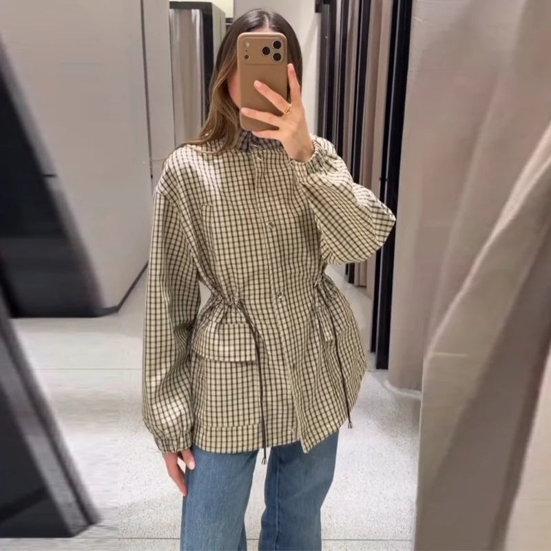Causal Long Sleeved Grid  Female Jacket Drawstring Tight Loose Women's Trench Collar Fashion Single Breasted Pocket Outerwear