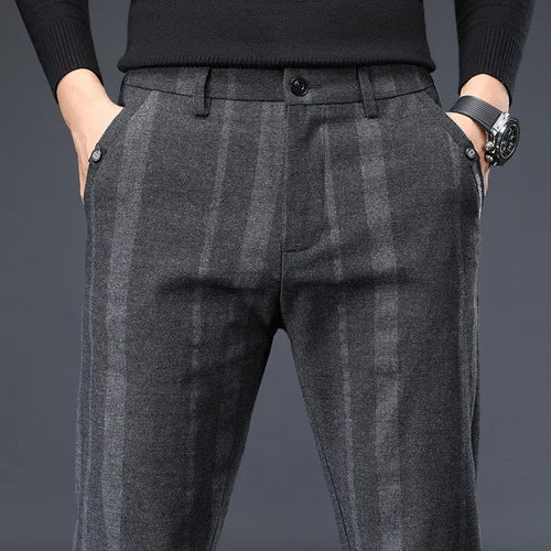 2026 New Men's Grey Vertical Stripe Suit Pants, Business Casual Trousers, Blue-Black Pantalon. Asia Sizes