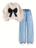 Girls Bow Hoodie & Bow Jeans Set – Casual All-Season 2-Piece Outfit