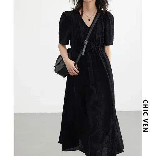 CHIC VEN Fashion Women Dresses Vintage V-neck Puff Sleeve Long Dress Solid White Loose Female Clothing Summer New 2026