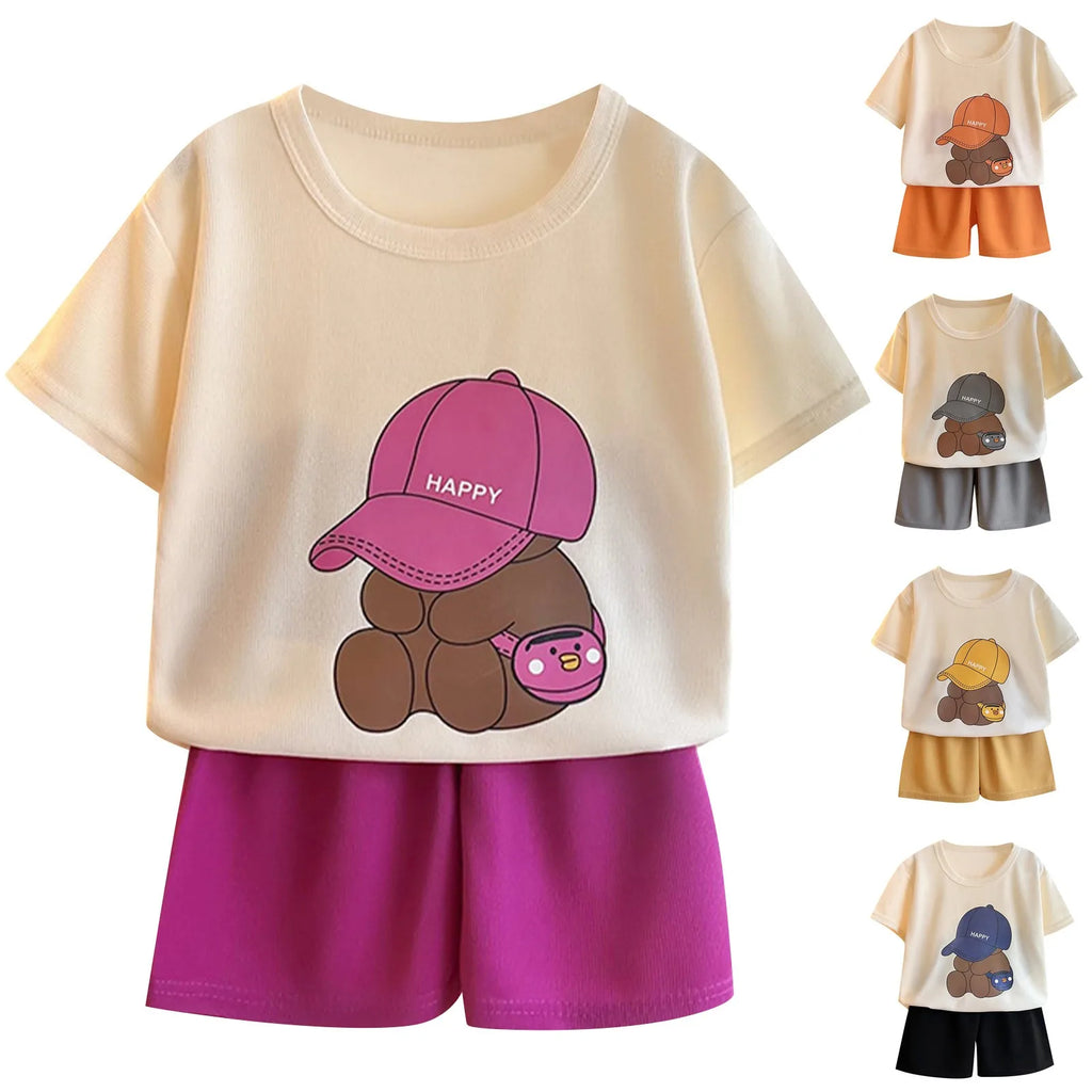 Boys Bear Print Short Sleeve T-Shirt & Shorts Set – Cotton 2-Piece Casual Outfit
