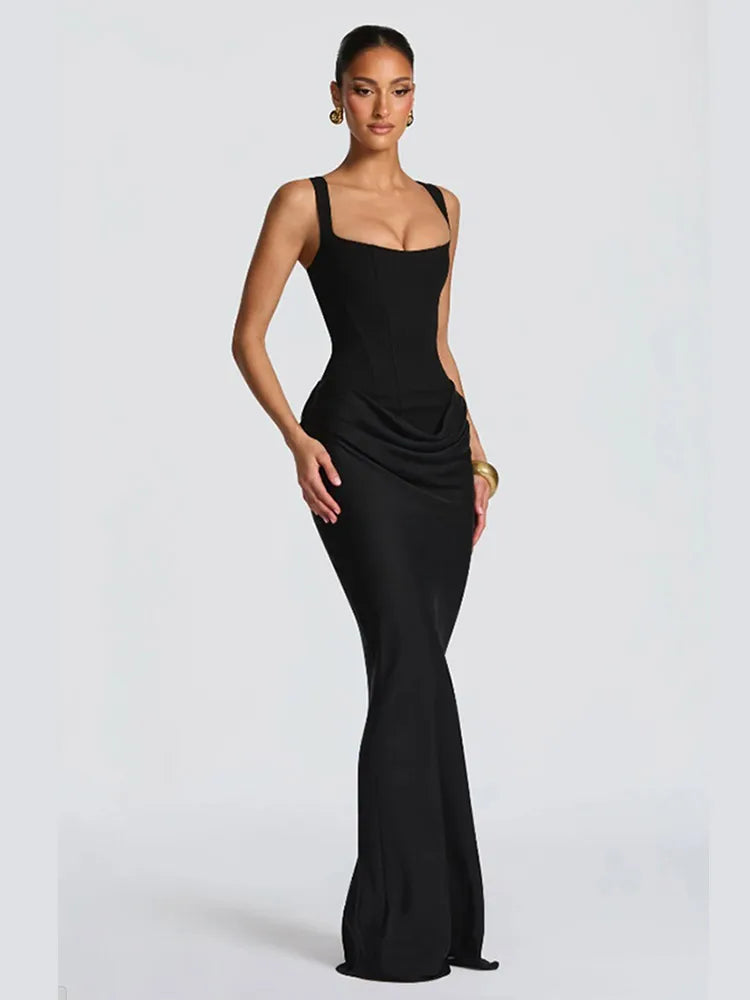 Women's Strapless Pleated Maxi Gown with Split – Elegant Yellow Waist Cinching Evening Dress